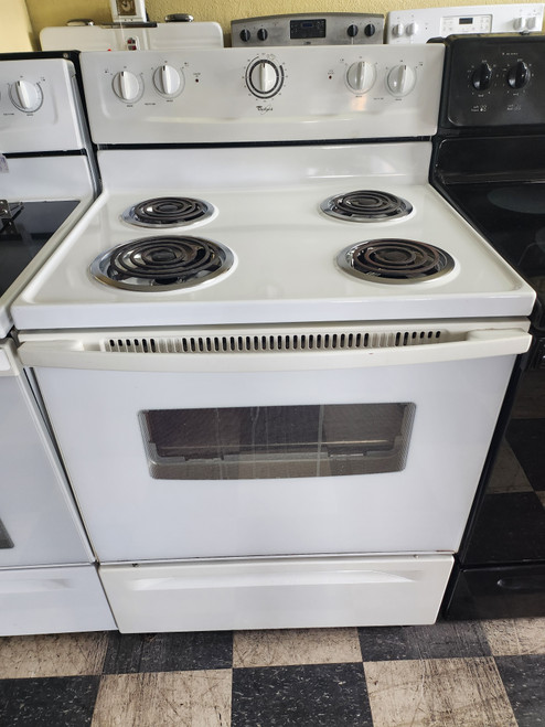 WHIRLPOOL 30 INCH FREESTANDING ELECTRIC MANUAL CLEAN RANGE COIL BURNERS 3 SMALL 1 LARGE WHITE LOCATED IN OUR PORTLAND OREGON APPLIANCE STORE SKU 19623