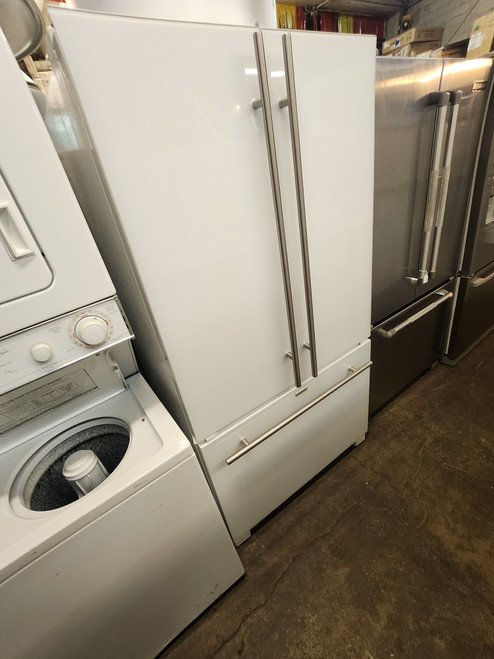 JENN-AIR 20 CUBIC FOOT COUNTER DEPTH FRENCH DOOR REFRIGERATOR WITH INTERNAL WATER DISPENSER WITH ICE MAKER GLASS SHELVES 1 DELI DRAWER 2 CRISPER DRAWERS WHITE WITH GLASS PANELS LOCATED IN OUR PORTLAND OREGON APPLIANCE STORE SKU 19638