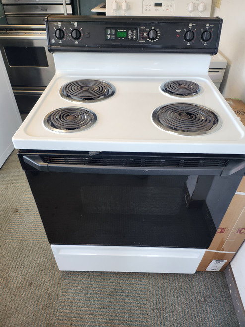 GE 30 INCH FREESTANDING ELECTRIC RANGE COIL BURNERS 2 LARGE 2 SMALL SELF CLEANING OVEN WHITE LOCATED IN OUR PORTLAND OREGON APPLIANCE STORE SKU 19650