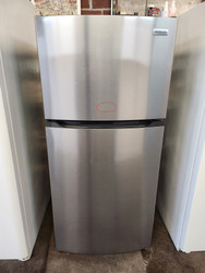 Frigidaire 28 Inch Top Freezer Refrigerator with 13.9 Cu. Ft. Capacity, Adjustable Glass Shelves, Humidity-Controlled Crisper, Half-width Deli Drawer, LED Lighting, Even Temp Cooling System Brushed Steel SCRATCH ON FREEZER DOOR SEE PIC SKU 19657
