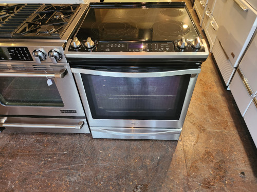 Whirlpool 30 Inch Slide-In Electric Range with 5 Radiant Elements, 6.4 cu. ft. Convection Oven, Frozen Bake Technology, Aqua Lift Self Clean, Storage Drawer, Flex Heat Triple Radiant Element, and Rapid Preheat: Black-on-Stainless SKU 19671