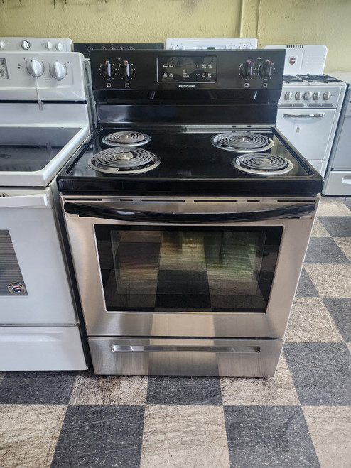 Frigidaire 30 Inch Freestanding Electric Range with 5.3 Cu. Ft. Self Clean Oven, Vari-Broil™, Coil Cooktop, Auto Shut Off, Delay Clean, Storage Drawer, and UL Listed: Stainless Steel LOCATED IN OUR PORTLAND OREGON APPLIANCE STORE SKU 19673