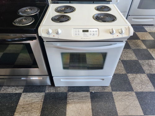 FRIGIDAIRE 30 INCH SLIDE-IN ELECTRIC RANGE COIL BURNERS 2 LARGE 2 SMALL SELF CLEANING OVEN STORAGE DRAWER WHITE LOCATED IN OUR PORTLAND OREGON APPLIANCE STORE SKU 19684