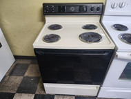 GE 30 INCH ELECTRIC FREESTANDING RANGE COIL BURNERS 2 SMALL 2 LARGE MANUAL CLEAN ALMOND WITH BLACK GLASS OVEN DOOR LOCATED IN OUR PORTLAND OREGON APPLIANCE STORE SKU 19713