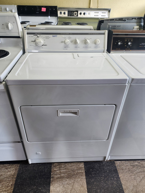 KITCHENAID 10 CYCLE 5 TEMPERATURES GAS DRYER EXTRA CARE SETTING AKA WRINKLE GUARD TOP FILTER PULL DOWN DOOR WHITE LOCATED IN OUR PORTLAND OREGON APPLIANCE STORE SKU 19826