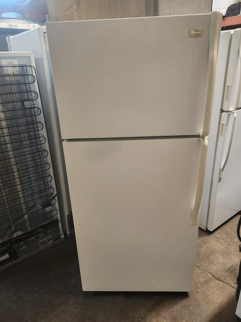 WHIRLPOOL 14 CUBIC FOOT REFRIGERATOR TOP FREEZER WIRE SHELVES LARGE CRISPER DRAWER WHITE LOCATED IN OUR PORTLAND OREGON APPLIANCE STORE SKU 19828