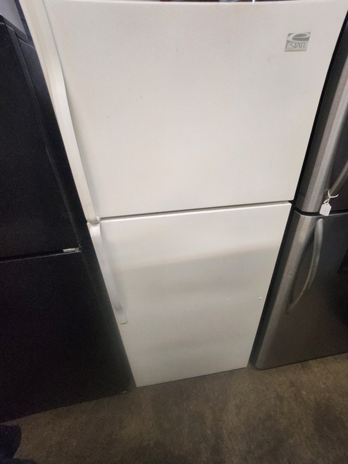 ESTATE BY WHIRLPOOL 18 CUBIC FOOT REFRIGERATOR TOP FREEZER FULL WIDTH ADJUSTABLE GLASS SHELVES 2 CRISPER DRAWERS GLASS SHELF IN FREEZER BISQUE LOCATED IN OUR PORTLAND OREGON APPLIANCE STORE SKU 19885