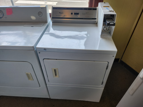 WHIRLPOOL COIN-OP ELECTRIC DRYER 3 TEMPERATURE COIN SLIDE AND BOX INCLUDED SWING OPEN DOOR COSMETIC ISSUE ON CONTROL PANEL WHITE LOCATED IN OUR PORTLAND OREGON APPLIANCE STORE SKU 19986