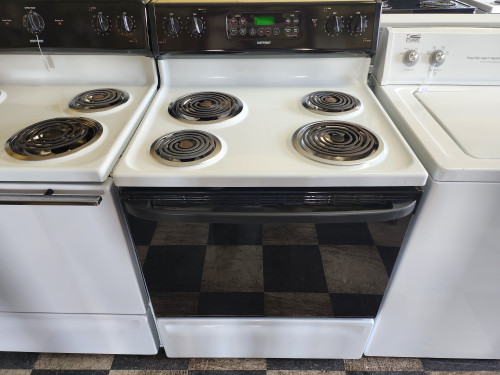 HOTPOINT 30 INCH ELECTRIC FREESTANDING RANGE COIL BURNERS 2 LARGE 2 SMALL HI LO BROIL SETTING SELF CLEANING OVEN WHITE WITH BLACK GLASS OVEN DOOR NO WINDOW LOCATED IN OUR PORTLAND OREGON APPLIANCE STORE SKU 19994