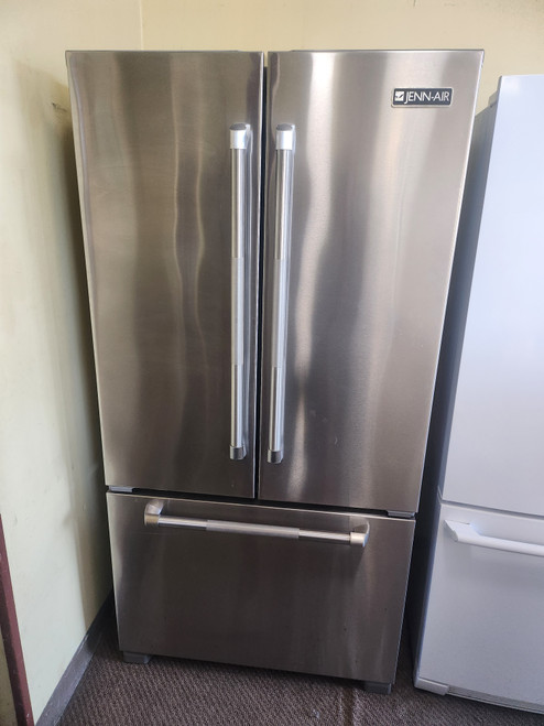 Jenn Air logo Jenn Air cu. ft. Counter-Depth French-Door Refrigerator with 4 Spill-Proof Glass Shelves, Humidity-Controlled Crispers, Gourmet Bay Drawer, Internal Water Dispenser, Ice Maker, LED Display and Star-K Certified: Stainless Steel SKU 20000