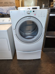 WHIRLPOOL DUET ELECTRIC DRYER WITH PEDESTAL 3 MANUAL DRY 5 AUTO DRY 4 TEMPERATURE PLUS AIR DRY WRINKLE SHIELD LOCATED IN OUR PORTLAND OREGON APPLIANCE STORE SKU 20037