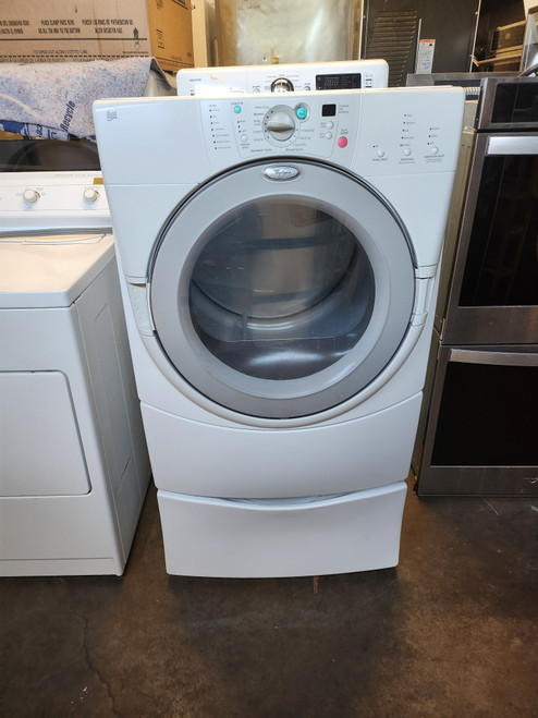 WHIRLPOOL DUET ELECTRIC DRYER WITH PEDESTAL 3 MANUAL DRY 5 AUTO DRY 4 TEMPERATURE PLUS AIR DRY WRINKLE SHIELD LOCATED IN OUR PORTLAND OREGON APPLIANCE STORE SKU 20037