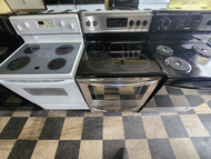 FRIGIDAIRE 30 INCH FREESTANDING 5 BURNER GLASS TOP ELECTRIC RANGE 1 LARGE DUAL CENTER WARMING SELF CLEANING BLACK AND STAINLESS LOCATED IN OUR PORTLAND OREGON APPLIANCE STORE SKU 20041