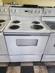 AMERICANA BY GE 30 INCH ELECTRIC RANGE MANUAL CLEAN OVEN COIL BURNERS 3 SMALL 1 LARGE WHITE LOCATED IN OUR PORTLAND OREGON APPLIANCE STORE SKU 20049