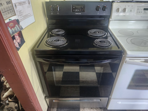 FRIGIDAIRE 30 INCH FREESTANDING ELECTRIC RANGE MANUAL CLEAN OVEN COIL BURNERS 2 LARGE 2 SMALL BLACK WITH STAINLESS STORAGE DRAWER LOCATED IN OUR PORTLAND OREGON APPLIANCE STORE SKU 20062