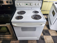 GE 30 INCH FREESTANDING ELECTRIC RANGE COIL BURNERS 2 LARGE 2 SMALL SELF CLEANING OVEN STORAGE DRAWER LOCATED IN OUR PORTLAND OREGON APPLIANCE STORE SKU 20094
