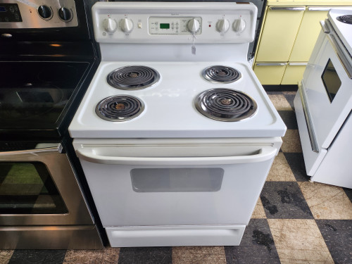 GE 30 INCH FREESTANDING ELECTRIC RANGE COIL BURNERS 2 LARGE 2 SMALL SELF CLEANING OVEN STORAGE DRAWER LOCATED IN OUR PORTLAND OREGON APPLIANCE STORE SKU 20094