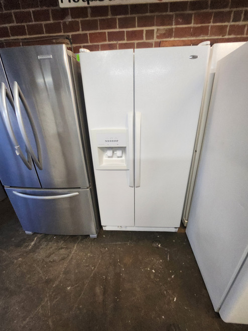 Amana 25.1 cu. ft. Side by Side Refrigerator with 3 Adjustable Spill Saver Glass Shelves, Adjustable Clear Gallon Door Bins, Deli Drawer, External Ice/Water Dispenser and Control Lockout: White LOCATED IN OUR PORTLAND OREGON APPLIANCE STORE SKU 20098