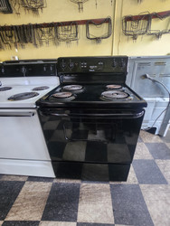 HOTPOINT 30 INCH FREESTANDING ELECTRIC RANGE COIL BURNERS 2 SMALL 2 LARGE MANUAL CLEAN OVEN STORAGE DRAWER BLACK LOCATED IN OUR PORTLAND OREGON APPLIANCE STORE SKU 21041