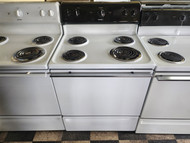 HOTPOINT 30 INCH FREESTANDING ELECTRIC RANGE COIL BURNERS 3 SMALL 1 LARGE MANUAL CLEAN OVEN WHITE BLACK CONTROL PANEL LOCATED IN OUT PORTLAND OREGON APPLIANCE STORE SKU 21042