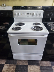 HOTPOINT 30 INCH FREESTANDING ELECTRIC RANGE MANUAL CLEAN OVEN COIL BURNES 2 LARGE 2 SMALL STORAGE DAWER WHITE LOCATED IN OUR PORTLAND OREGON APPLIANCE STORE SKU 21048