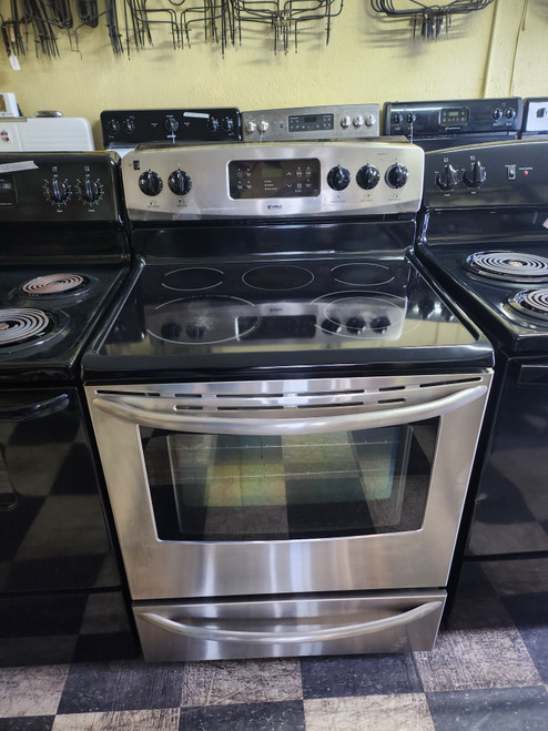 KENMORE 30 INCH FREESTANDING 5 BURNER GLASS TOP RANGE SELF CLEANING OVEN BLACK AND STAINLESS LOCATED IN OUR PORTLAND OREGON APPLIANCE STORE SKU 21070