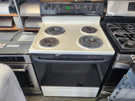 GE 30 INCH FREESTANDING SELF CLEAN COIL TOP RANGE 2 SMALL 2 LARGE ALMOND WITH BLACK GLASS OVEN DOOR LOCATED IN OUR PORTLAND OREGON APPLIANCE STORE SKU 21073