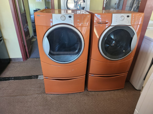 KENMORE FRONT LOAD WASHER AND DRYER SET WITH PEDESTALS  9 CYCLE WASHER 6 TEMPERATURE SETTING 3 TIMED DRY 5 AUTO LOCATED IN OUR PORTLAND OREGON APPLIANCE STORE SKU 22022