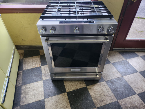 KitchenAid 30 Inch Slide-in Dual Fuel Range with 5 Sealed Burners, 7.1 cu. ft. Even-Heat™ True Convection Oven, 8,000 BTU Oval Burner, Baking Drawer, Aqua Lift® Self Clean, Sabbath Mode STAINLESS LOCATED IN OUR PORTLAND OREGON APPLIANCE STORE SKU 22045