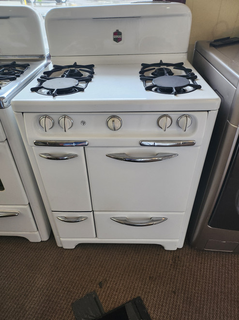 VINTAGE WEDGEWOOD 30 INCH FREESTADING 4 BURNER GAS RANGE SINGLE OVEN BOTTOM BROILER DRAWER SIDE STORAGE REBUILT BURNER VALVES WHITE LOCATED IN OUR PORTLAND OREGON APPLIANCE STORE SKU 22047