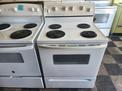WHIRLPOOL 30 INCH FREESTANDING ELECTRIC RANGE COIL BURNERS 3 SMALL 1 LARGE MANUAL CLEAN OVEN WHITE LOCATED IN OUR PORTLAND OREGON APPLIANCE STORE SKU 22071