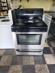 FRIGIDAIRE 30 INCH FREESTANDING ELECTRIC RANGE COIL BURNERS 2 LARGE 2 SMALL SELF CLEANING OVEN  STORAGE  DRAWER STAINLESS AND BLACK LOCATED IN OUR PORTLAND OREGON APPLIANCE STORE SKU 22090