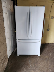 KENMORE 25 CUBIC FOOT FRENCH DOOR REFRIGERATOR BOTTOM FREEZER ICEMAKER GLASS SHELVES 2 CRISPER DRAWERS LARGE DELI DRAWER PULL OPEN FREEZER DOOR WHITE LOCATED IN OUR PORTLAND OREGON APPLIANCE STORE SKU 22098