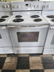 Whirlpool 30 Inch Freestanding Electric Range with 4 Coiled Elements, 4.8 cu. ft. Self-Cleaning Oven, Large Oven Window, Delay Bake and Star-K Certified Sabbath Mode: White LOCATED IN OUR PORTLAND OREGON APPLIANCE STORE SKU 23009