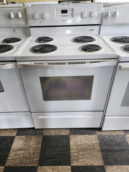 Whirlpool 30 Inch Freestanding Electric Range with 4 Coiled Elements, 4.8 cu. ft. Self-Cleaning Oven, Large Oven Window, Delay Bake and Star-K Certified Sabbath Mode: White LOCATED IN OUR PORTLAND OREGON APPLIANCE STORE SKU 23009