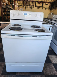 WHIRLPOOL 30 INCH FREESTANDING ELECTRIC RANGE COIL BURNERS 2 LARGE 2 SMALL SELF CLEAN OVEN CUSTOM BROIL OPTION WHITE LOCATED IN OUR PORTLAND OREGON APPLIANCE STORE SKU 23040