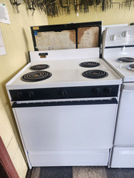 FRIGIDAIRE 30 INCH FREESTANDING WITH SMALL BACK PANEL ELECTRIC RANGE MANUAL CLEAN OVEN COIL BURNERS 3 SMALL 1 LARGE WHITE NO STORAGE DRAWER WHITE LOCATED IN OUR PORTLAND OREGON APPLIANCE STORE SKU 20068