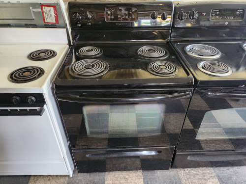 FRIGIDAIRE 30 INCH FREESTANDING ELECTRIC RANGE COIL BURNERS 2 LARGE 2 SMALL SELF CLEANING OVEN BLACK LOCATED IN OUR PORTLAND OREGON APPLIANCE STORE SKU 23110