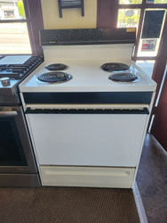 FRIGIDAIRE 30 FREESTANDING ELECTRIC RANGE COIL BURNERS 2 LARGE 2 SMALL MANUAL CLEAN OVEN WHITEWITH ALMOND STORAGE DRAWER LOCATED IN OUR PORTLAND OREGON APPLIANCE STORE SKU 23124