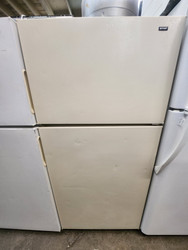 HOTPOINT 14 CUBIC FOOT REFRIGERATOR WIRE SHELVES 2 CRISPER DRAWERS COSMETIC ISSUES ON DOOR FEW DINGS ALMOND LOCATED IN OUR PORTLAND OREGON APPLIANCE STORE SKU 23154