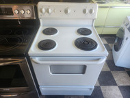GE 30 INCH FREESTANDING ELECTRIC RANGE MANUAL CLEAN COIL BURNERS 3 SMALL 1 LARGE STORAGE DRAWER WHITE LOCATED IN OUR PORTLAND OREGON APPLIANCE STORE SKU 23159
