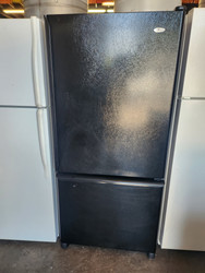 AMANA 19 CUBIC FOOT REFRIGERATOR BOTTOM FREEZER GLASS SHELVES LARGE DELI DRAWER 2 CRISPER PULL OPEN FREEZER DOOR BLACK LOCATED IN OUR PORTLAND OREGON APPLIANCE STORE SKU 23168