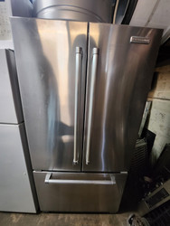 KitchenAid cu. ft. Counter-Depth French Door Refrigerator with Spill Clean Glass Shelves, Humidity-Controlled Crispers, Internal Water Dispenser, Ice Maker and Pull-Out Tri-Level Freezer Drawer FEW DINGS TOP OF FREEZER DOOR SEE PIC SKU 23170