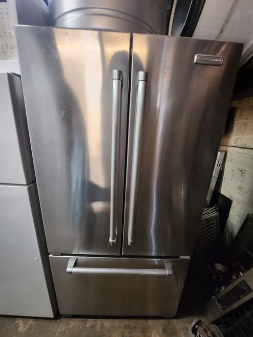 KitchenAid cu. ft. Counter-Depth French Door Refrigerator with Spill Clean Glass Shelves, Humidity-Controlled Crispers, Internal Water Dispenser, Ice Maker and Pull-Out Tri-Level Freezer Drawer FEW DINGS TOP OF FREEZER DOOR SEE PIC SKU 23170