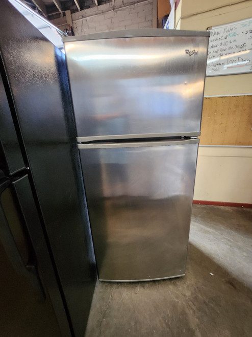 Whirlpool 28 Inch Top Freezer Refrigerator with 16 cu. ft. Capacity, Adjustable Glass Shelves, Flexi-Slide Bin, Gallon Door Storage, Dairy Bin, Incandescent Lighting, Freezer Temperature Controls, and Quiet Cooling: Stainless Steel SKU 23174