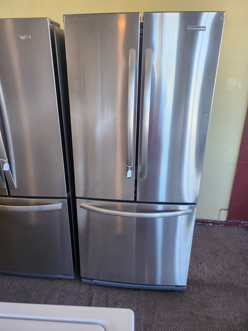 KITCHENAID 19.6 cu. ft. Capacity French Door Refrigerator with Slide Away Spill Proof Glass Shelves, 2 Humidity Controlled Crispers, Temperature Controlled Pantry, Internal Water Dispenser and Ice Maker: Monochromatic Stainless Steel SKU 23199