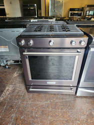KitchenAid 30 Inch Slide-In Gas Range with 5 Sealed Burners, 5.8 cu ft. Even-Heat True Convection Oven, 17,000 BTU Burner, Storage Drawer, Steam Rack, Aqua-Lift® Steam Clean Black Stainless Steel with Print Shield Finish SKU 23255