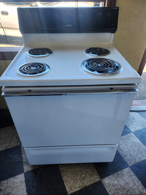 HOTPOINT 30 INCH FREESTANDING ELECTTIC RANGE MANUAL CLEAN COIL BURNERS 3 SMALL 1 LARGE WHITE LOCATED IN OUR PORTLAND OREGON APPLIANCE STORE SKU 23273