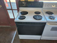 HOTPOINT 30 INCH FREESTANDING ELECTRIC RANGE COIL BURNERS 2 LARGE 2 SMALL SELF CLEANING OVEN WHITE WITH  BLACK GLASS DOOR AND CONTROL PANEL LOCATED IN OUR PORTLAND OREGON APPLIANCE STORE SKU 23297