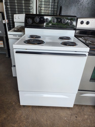 ESTATE 30 INCH FREESTANDING ELECTRIC RANGE MANUAL CLEAN COIL BURNERS 3 SMALL 1 LARGE WHITE WITH BLACK HANDLE AND PANEL LOCATED IN OUR PORTLAND OREGON APPLIANCE STORE SKU 23304